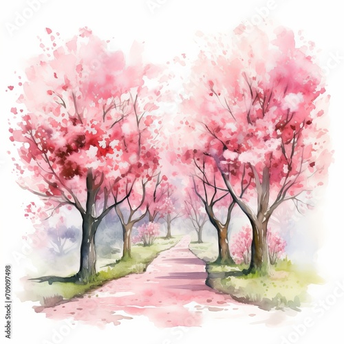 Aquarell einer romantischen Allee mit blühenden Kirschbäumen Illustration