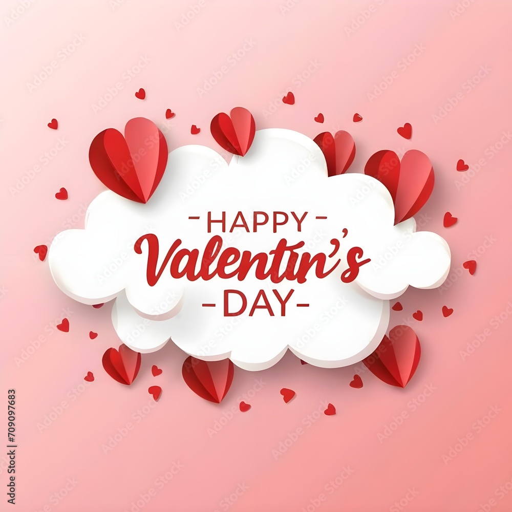 Happy Valentine's day blank background, beautiful paper cut clouds with 3d red hearts on a pink background