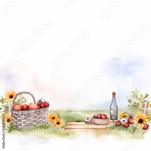 Aquarell eines Idyllischen Picknicks inmitten von Sonnenblumen und Obst Illustration