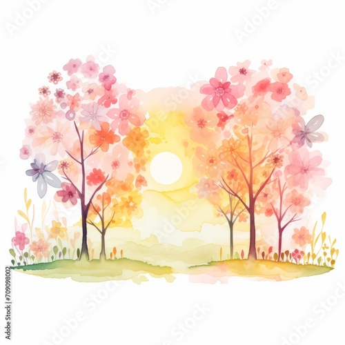 Aquarell von Bäumen mit blühenden Blumen im warmen Licht der aufgehenden Frühlingssonne Illustration