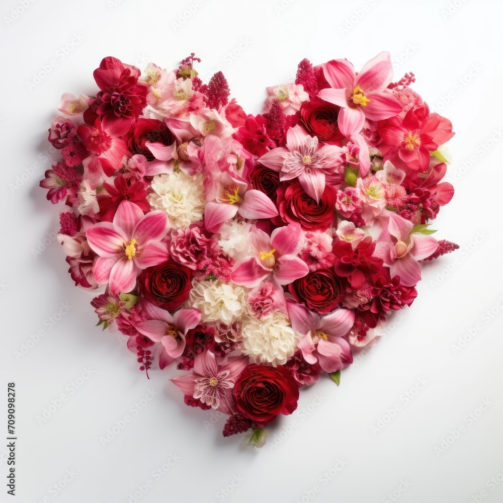 Heart symbol made of flowers blossom on white background. Valentine's day-wedding. advertisement, copy text space. birthday, card.
