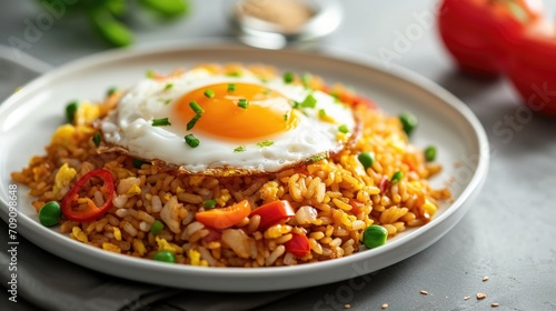 fried rice or nasi goreng with fried egg on white plate delicious indonesian food