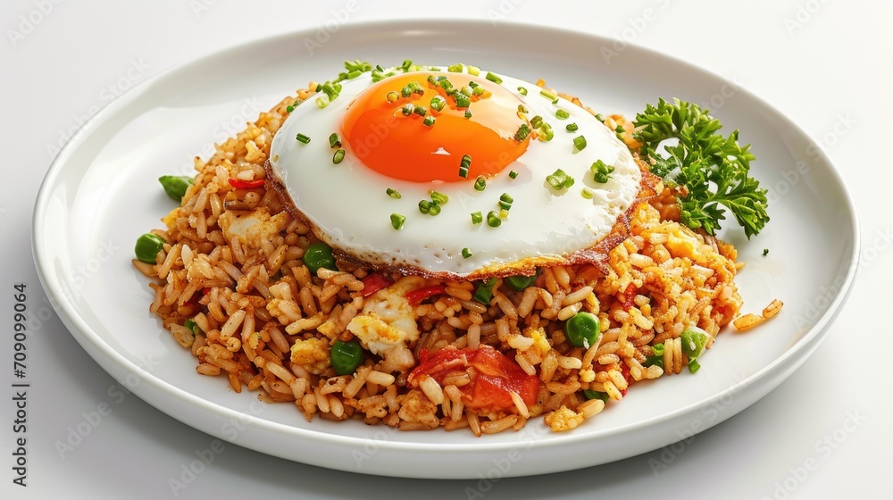 fried rice or nasi goreng with fried egg on white plate delicious indonesian food fried rice or nasi goreng with fried egg on white plate delicious indonesian food