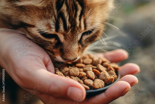 A person feeds a cat with dry food from his hand photo