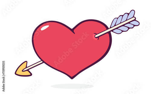 Heart wounded by an arrow. Valentines Day and love symbol. Vector illustration. Hand drawn cartoon clip art with outline. Isolated on white background