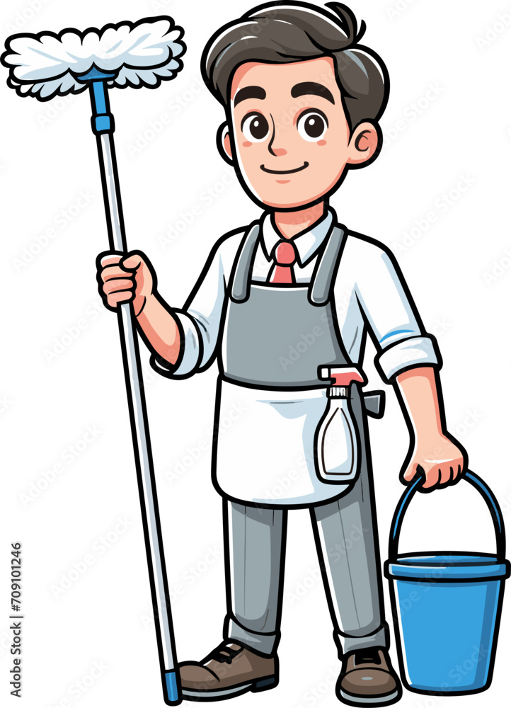 Janitorial Worker with Mop and Bucket - Vector Illustration Janitorial Worker with Mop and Bucket - Vector Illustration