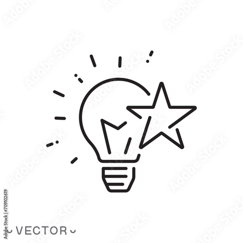 innovation brand icon, best idea, star with light bulb, good electric lamp, thin line symbol isolated on white background, editable stroke eps 10 vector illustration