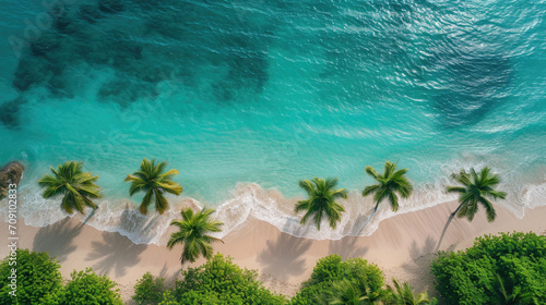 Aerial view of palms on the sandy beach of Indian Ocean at sunset. Summer in Zanzibar, Africa.  photo