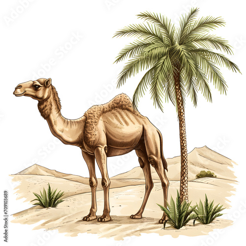 Desert oasis: camel and palm trees isolated on white background, sketch, png  © Pixel Prophet
