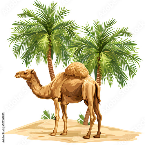 Desert oasis: camel and palm trees isolated on white background, simple style, png  © Pixel Prophet