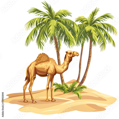 Desert oasis: camel and palm trees isolated on white background, simple style, png  © Никита Жуковец