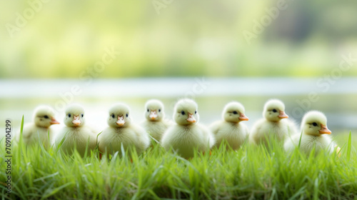 A row of adorable ducklings are nestled in vibrant green grass with a serene lake in the background, reflecting a sense of calm and togetherness.