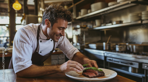 closeup photo of chef preparing a beef steak  wearing uniform leaning over the dish  serving meat  restaurant kitchen interior on background