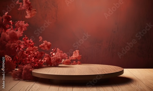 Mini stage with a red abstract patterned background decorated with flowers beside it