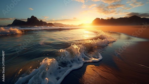 The play of light on a tranquil beach, with gentle waves washing ashore at sunrise -Generative Ai photo