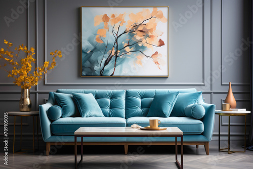 Experience serenity with a blue sofa paired with a suitable table, creating a calming atmosphere in the living room, while an empty frame awaits your personal touch.