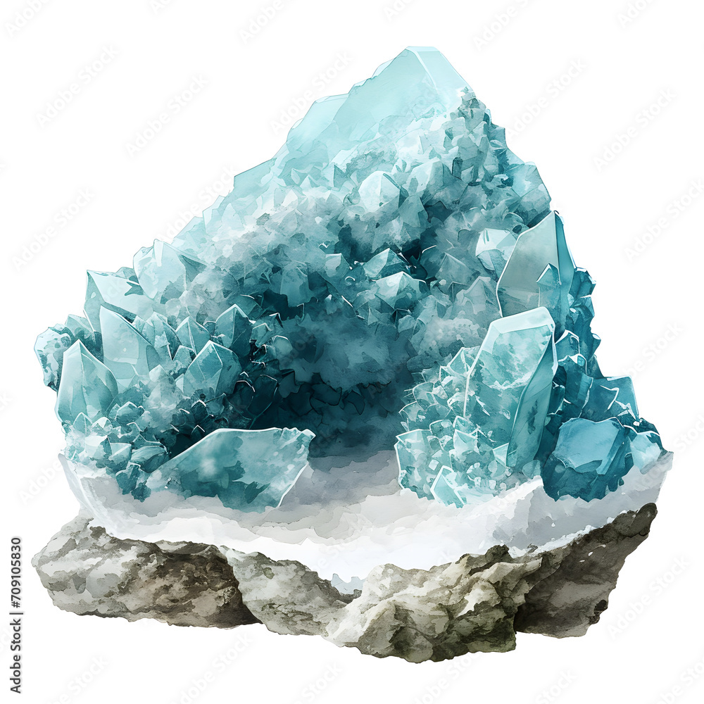 Hemimorphite mineral in a natural setting isolated on white background, watercolor, png
