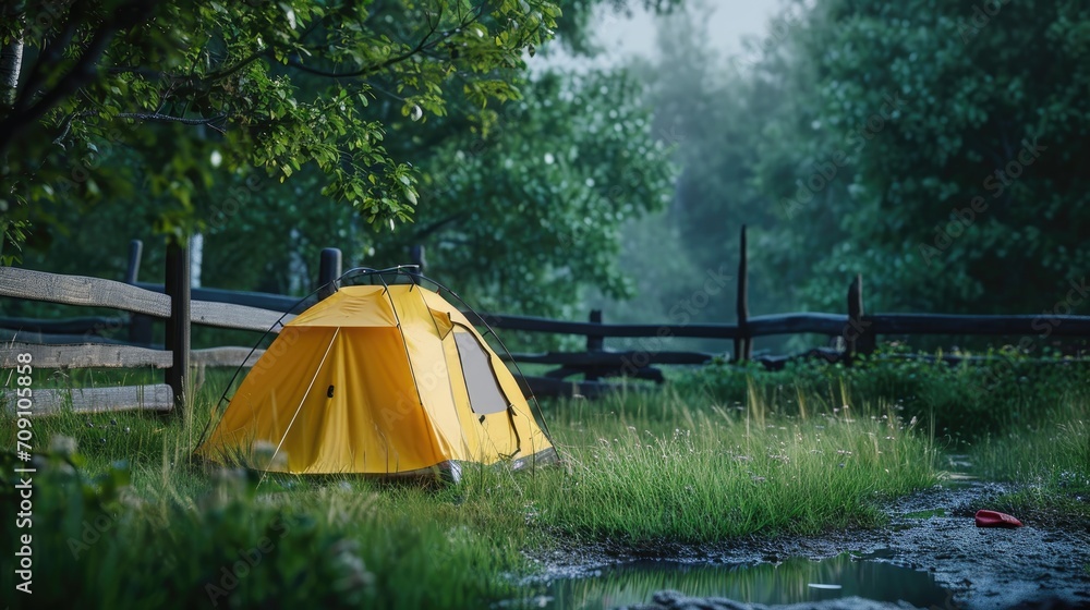 Camp tent on green grass forest beautiful view nature