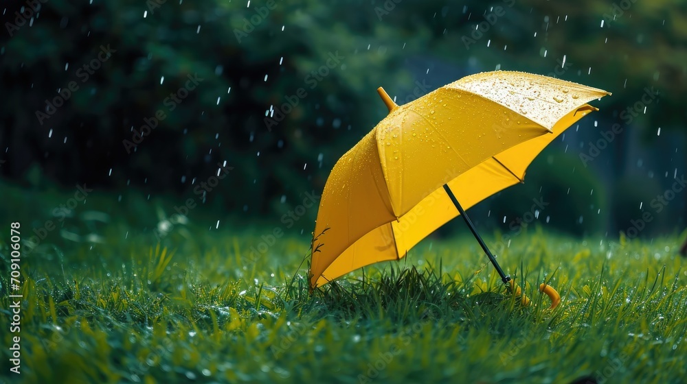yellow umbrella when rain on green grass of yard 