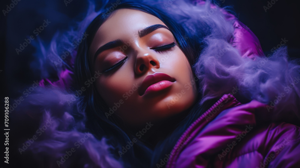 Close-up of a person in a purple jacket, their sleepy face bathed in moody purple light.