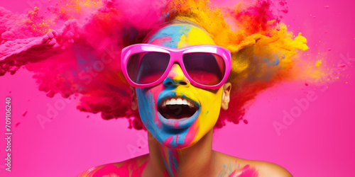 Woman's face is adorned with colorful paint and sunglasses, creating a vivid portrait.
