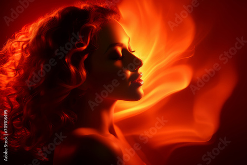 Close-up of a woman's face against a red backdrop, her skin and hair glowing amidst swirling flames.