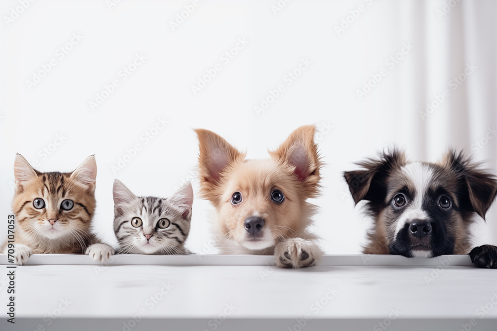 Dogs and Cats, peeking over the clear solid white top line, petshop banner, happy, smile, funny. Generative AI. Dogs and Cats, peeking over the clear solid white top line, petshop banner, happy, smile, funny. Generative AI.