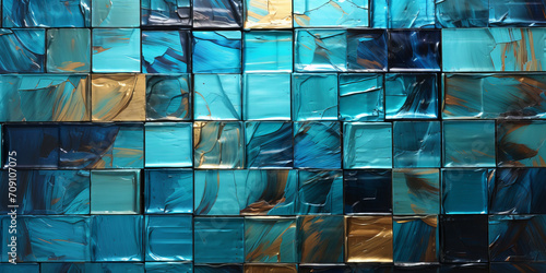 Blue and gold tiled wall showcases a glossy surface and painted metal and glass textures. photo