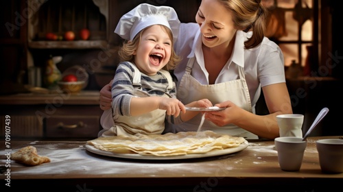 Maman qui fait des crêpes avec son enfant pour la chandeleur photo