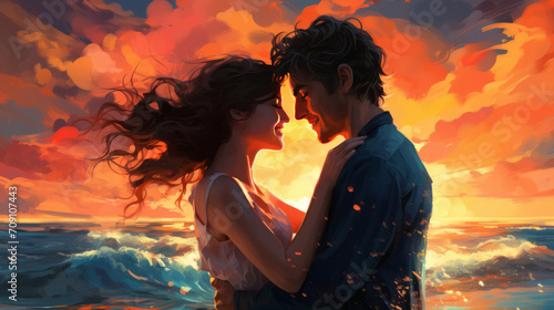 Painting captures a couple embracing on the beach, their love palpable. photo