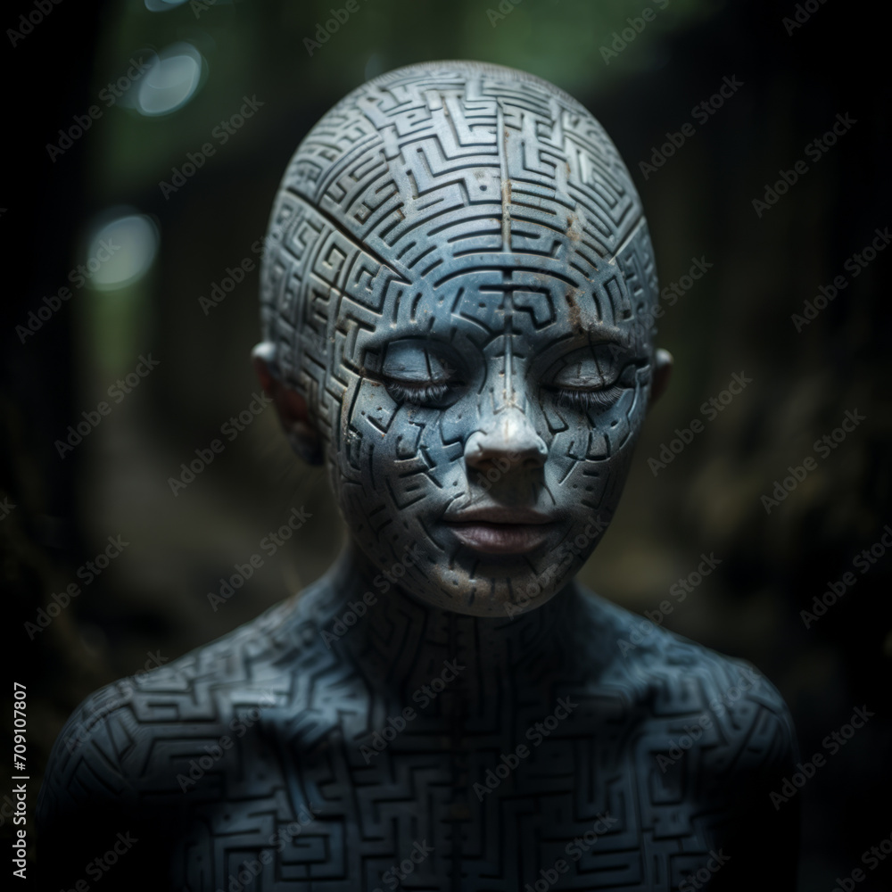 Close-up of a person whose body is painted like a maze, showcasing intricate makeup and tattoos. Close-up of a person whose body is painted like a maze, showcasing intricate makeup and tattoos.