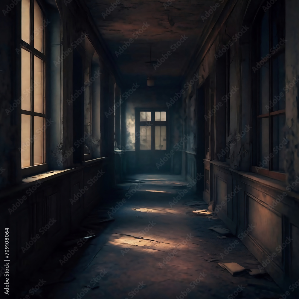dark corridor with old windows in abandoned building. Halloween, horror concept. Haunted corridor 