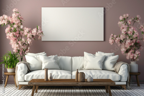 Experience the tranquility of a living space adorned with a soft color white sofa and a complementary table  framed against an empty canvas for your text.