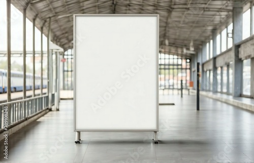 a blank empty canvas poster screen board hanging on a wall at a railway station