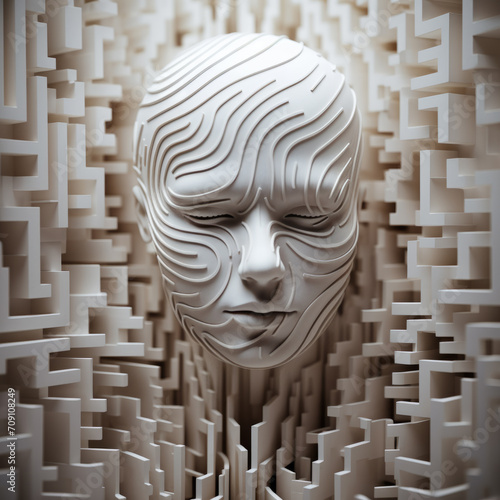 Paper sculpture of a woman's face in a maze, her detailed features reflecting intricate transhuman themes. photo