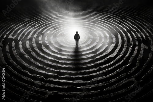 Man stands in the middle of a circular tunnel, the scene reminiscent of a movie still.
