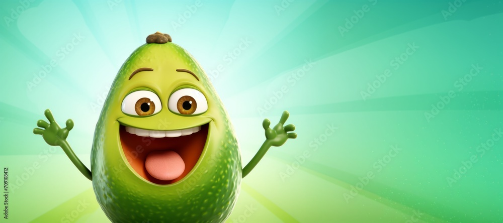 Close up funny cartoon avocado on pastel green background with empty space for text, banner. Concept of healthy food, diet