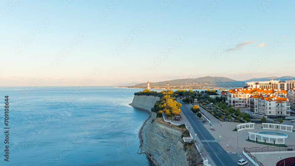 Gelendzhik, Russia. Lighthouse on the shore of Cape Tolstoy. Gelendzhik Bay, Aerial View