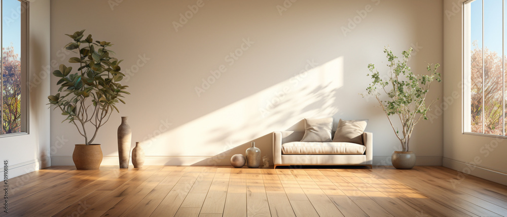 A minimalistic empty room interior with a 3D rendering that captures the essence of spaciousness. Soft natural light pours in, highlighting the clean lines and neutral tones of the room. - obrazy, fototapety, plakaty 