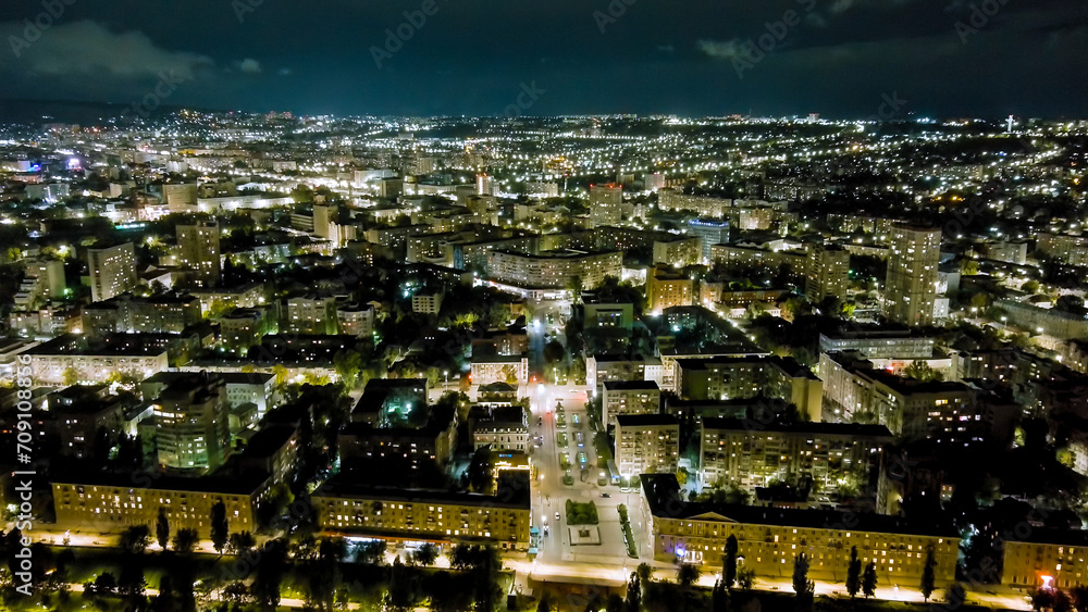 Saratov, Russia. Oktyabrskaya street. Panorama of the night city, Aerial View