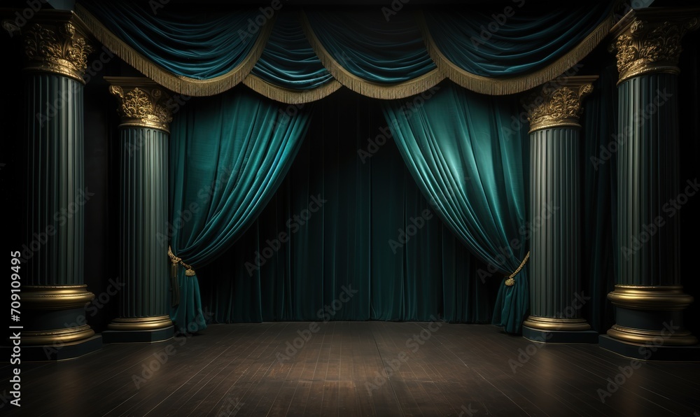 Green curtains with a combination of packaging lines in the theater. generative AI Green curtains with a combination of packaging lines in the theater. generative AI