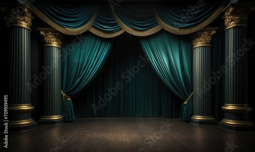 Green curtains with a combination of packaging lines in the theater. generative AI
