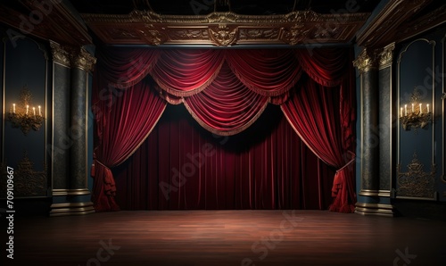 Red curtains combined with gold on a theater stage. generative AI