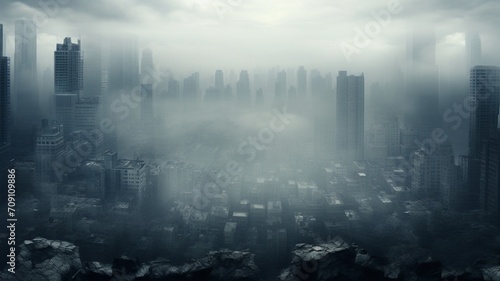 A cityscape blanketed in a light fog, with skyscrapers partially obscured, creating an ethereal and mysterious atmosphere -Generative Ai