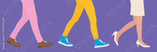 Three stylish young people walking in a row. Walking legs vector illustration/banner.