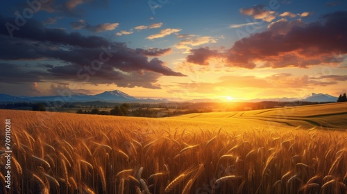 Beautiful wheat field at morning sunrise view golden scene. Generate AI image