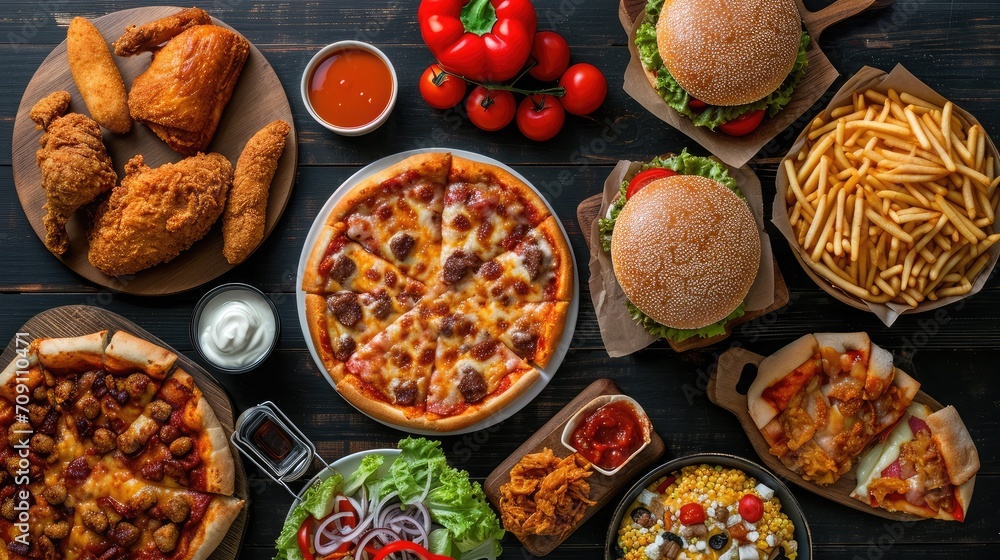 Buffet table scene of take out or delivery foods. Pizza, hamburgers, fried chicken and sides. Above view on a dark wood background - obrazy, fototapety, plakaty 