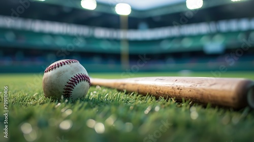 Baseball and bat on grass made with Ai generative technology photo
