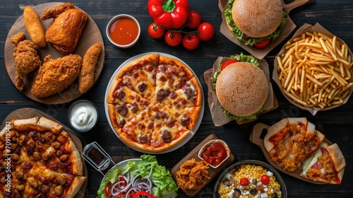 Buffet table scene of take out or delivery foods. Pizza, hamburgers, fried chicken and sides. Above view on a dark wood background photo