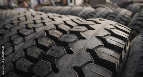 Closeup of truck wheel, Fragment of tire, Texture of Truck tire tread stock photo